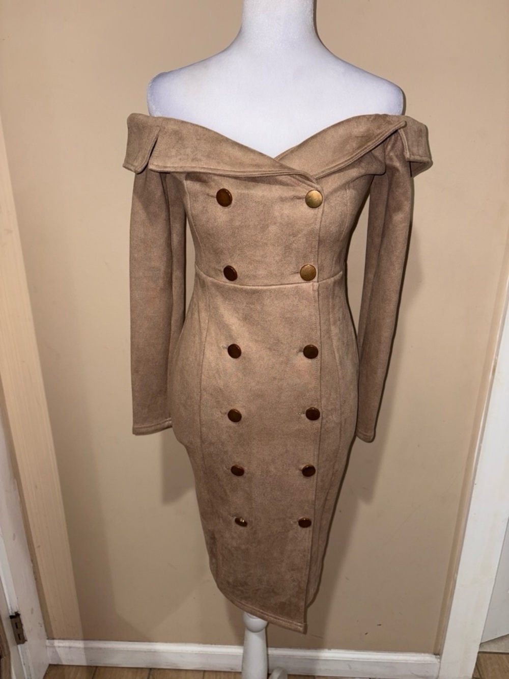 Fashion Nova Taupe Off-Shoulder Double-Breasted Midi Dress